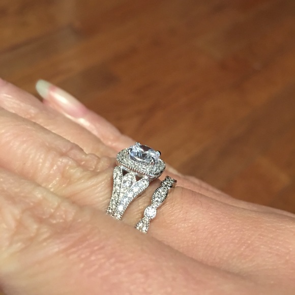 3pcs 925 Silver Engagement Ring Wedding Bands Set - Picture 5 of 7